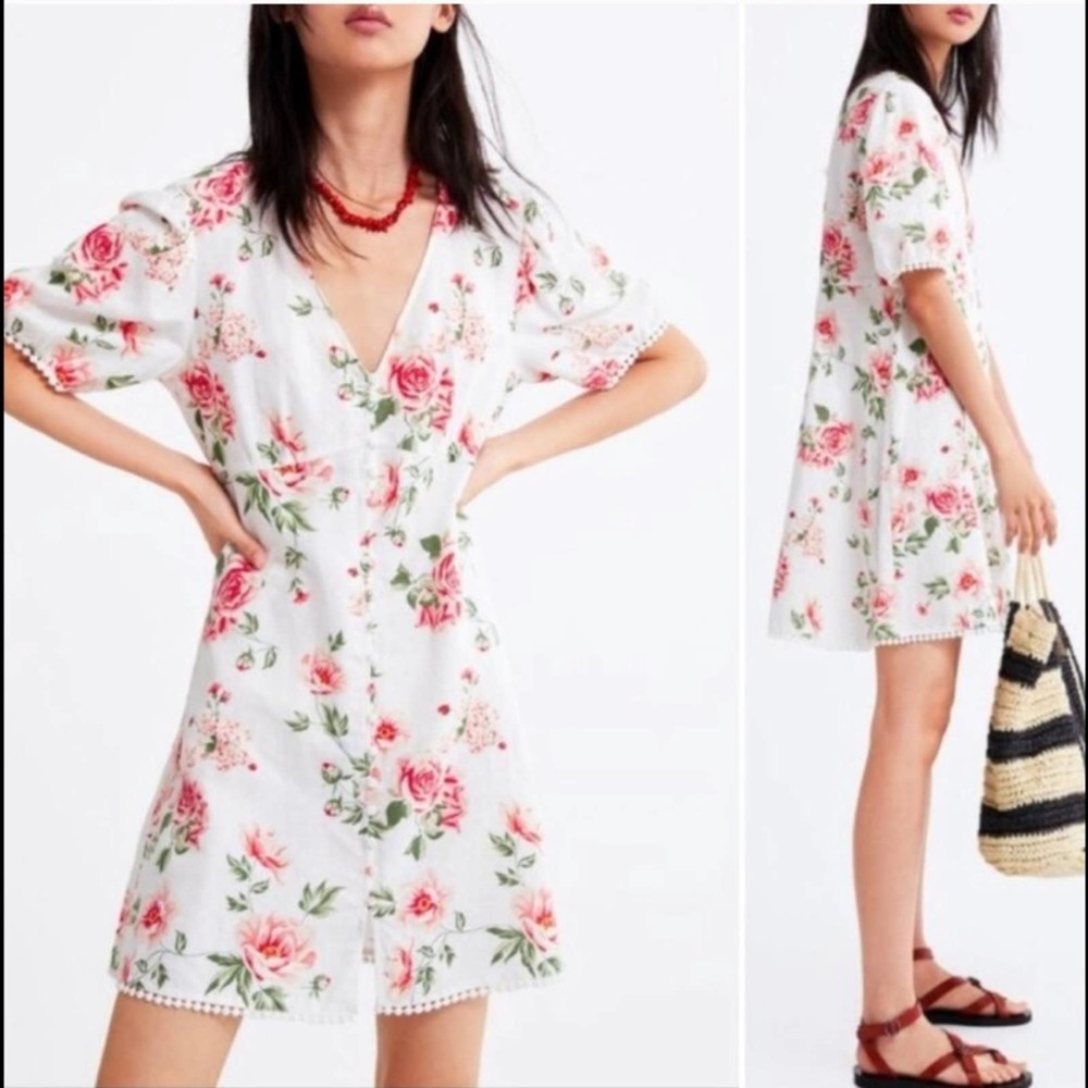 Zara Linen Button Front Floral Mini Dress